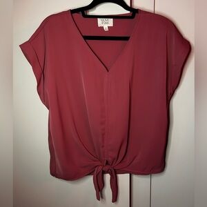 Olive & Oak Blouse Top Shirt Short Sleeve Tie Front V Neck